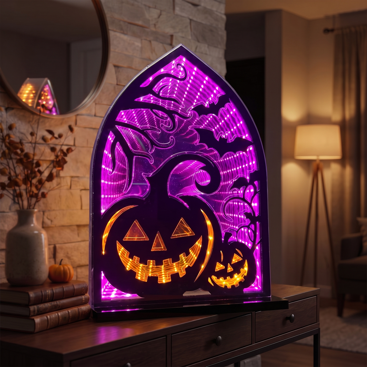 Pumpkins & Bats Infinity Light – 30cm Acrylic Halloween Decor – close-up detail