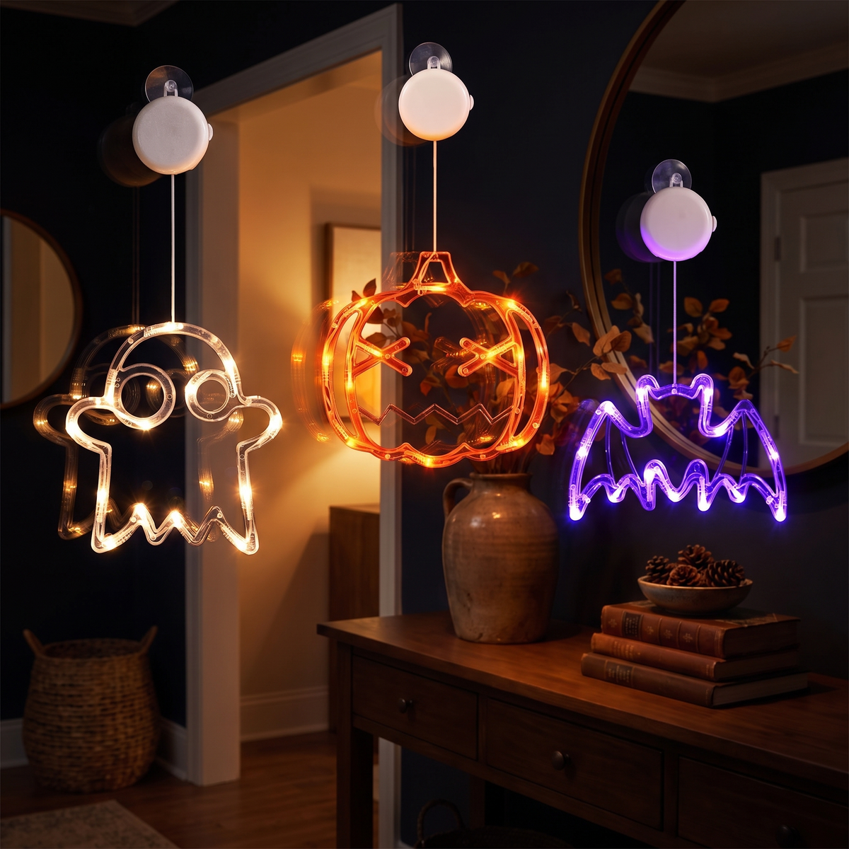 Pumpkin, Ghost & Bat LED Window Lights – Set of 3 Halloween Decor – close-up detail