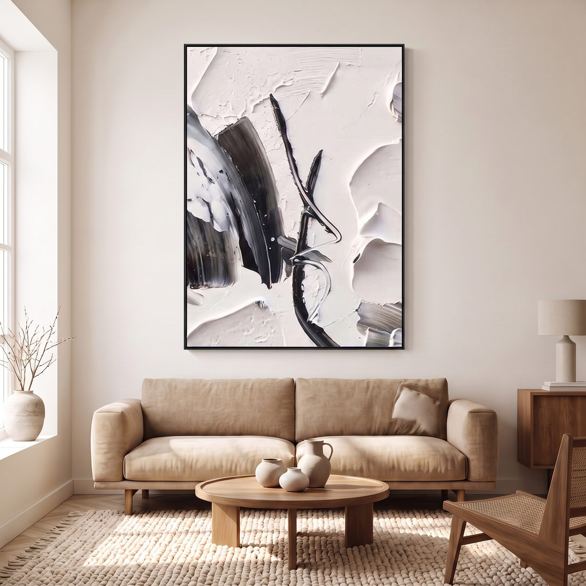 Elegance in Contrast Black & White Textured Abstract Canvas – Hand-Painted – shown in a room for scale