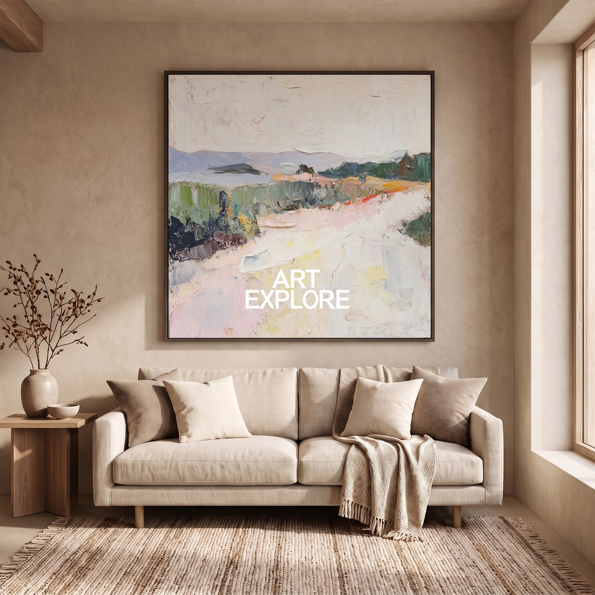 Dune Horizon Beige Textured Landscape Canvas – Hand-Painted Wall Art – shown in a room for scale
