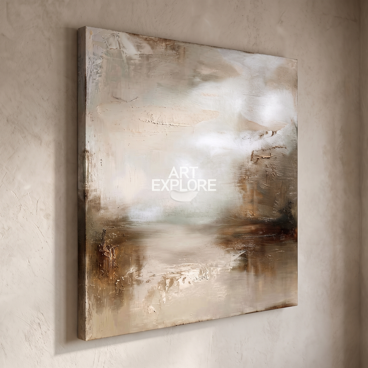 Earthen Lake Textured Landscape Canvas – Hand-Painted Abstract Art – side angle showing texture