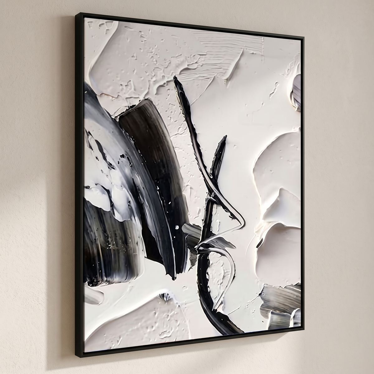 Elegance in Contrast Black & White Textured Abstract Canvas – Hand-Painted – side angle showing texture