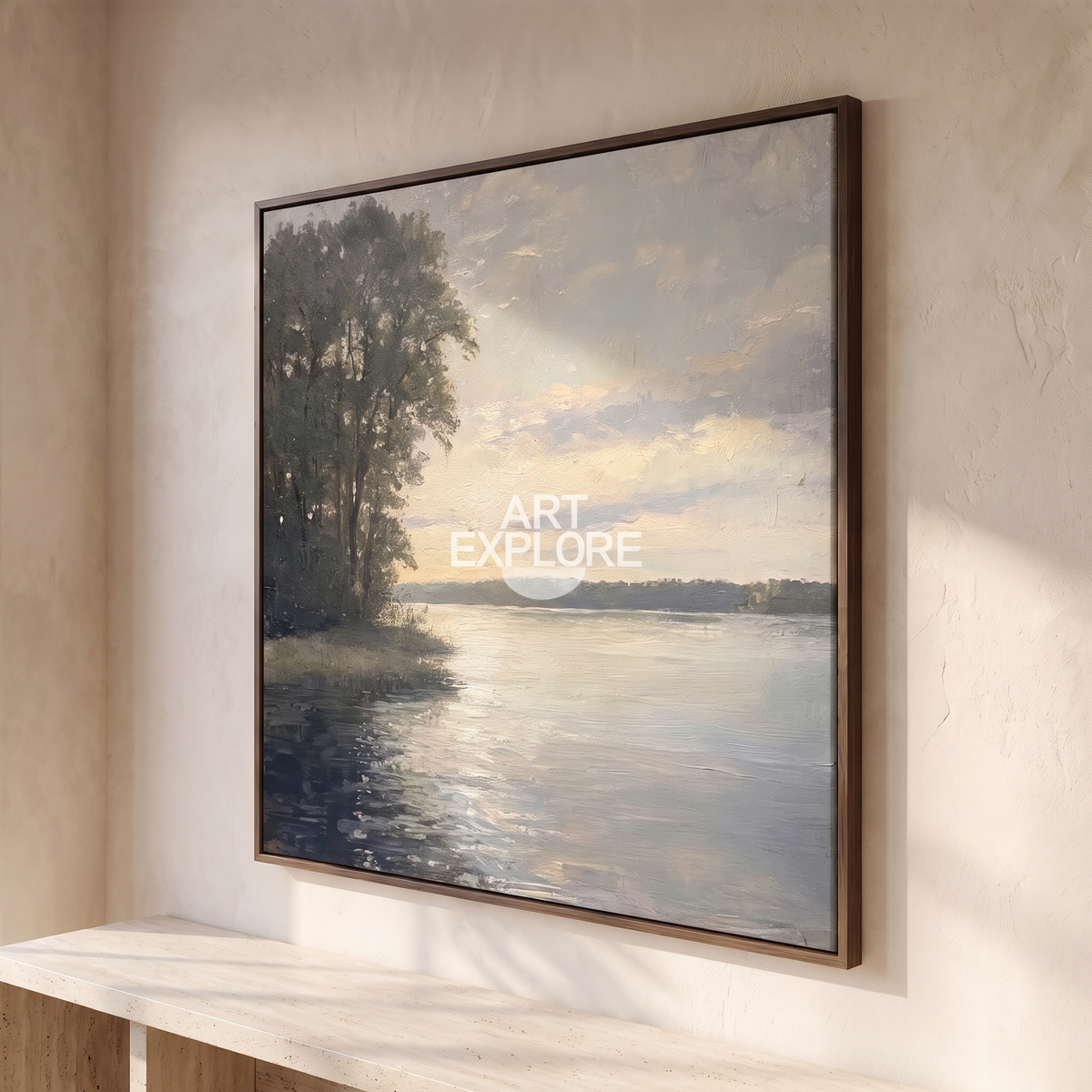 Still Lake Neutral Textured Landscape Canvas – Hand-Painted Wall Art – side angle showing texture