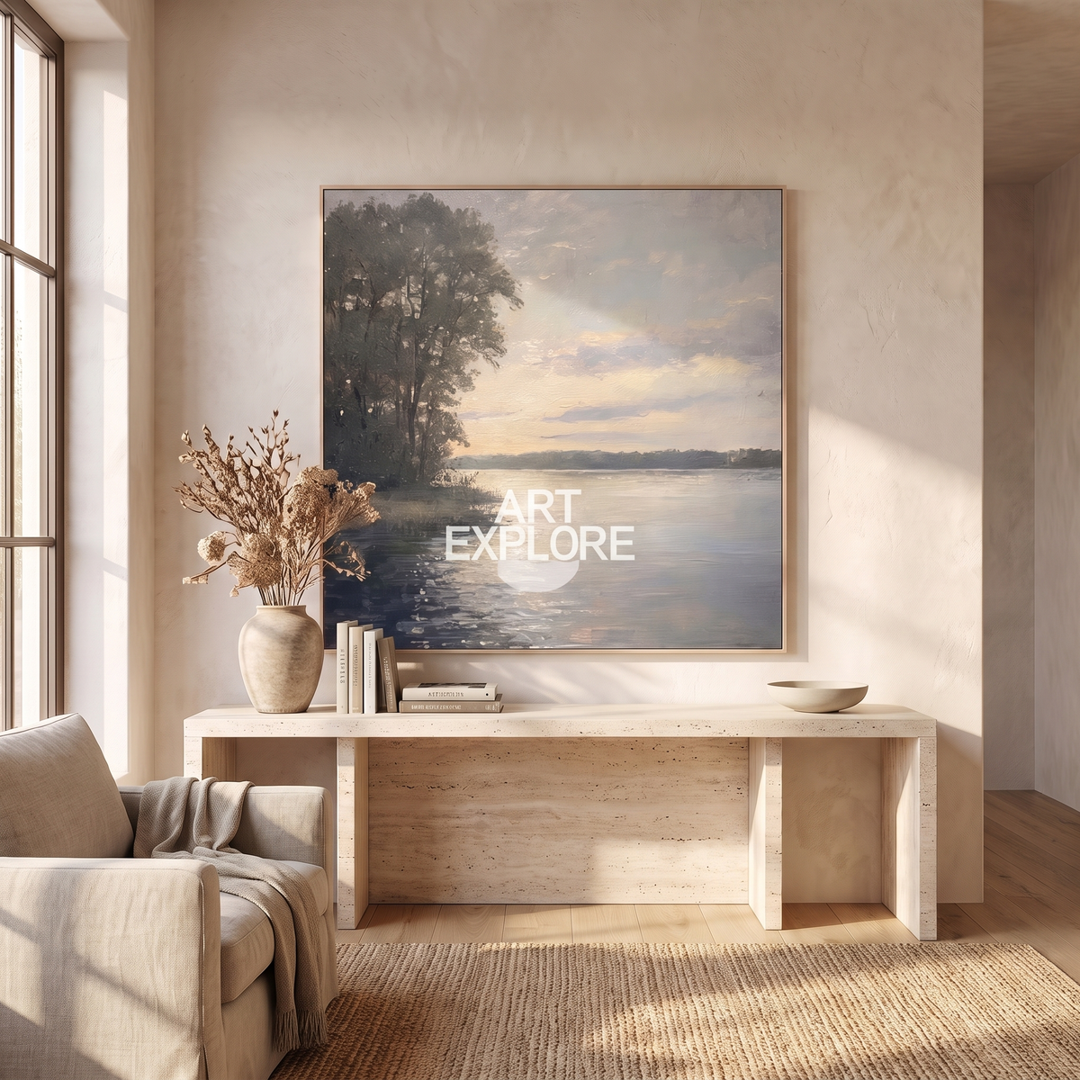 Still Lake Neutral Textured Landscape Canvas – Hand-Painted Wall Art – shown in a room for scale