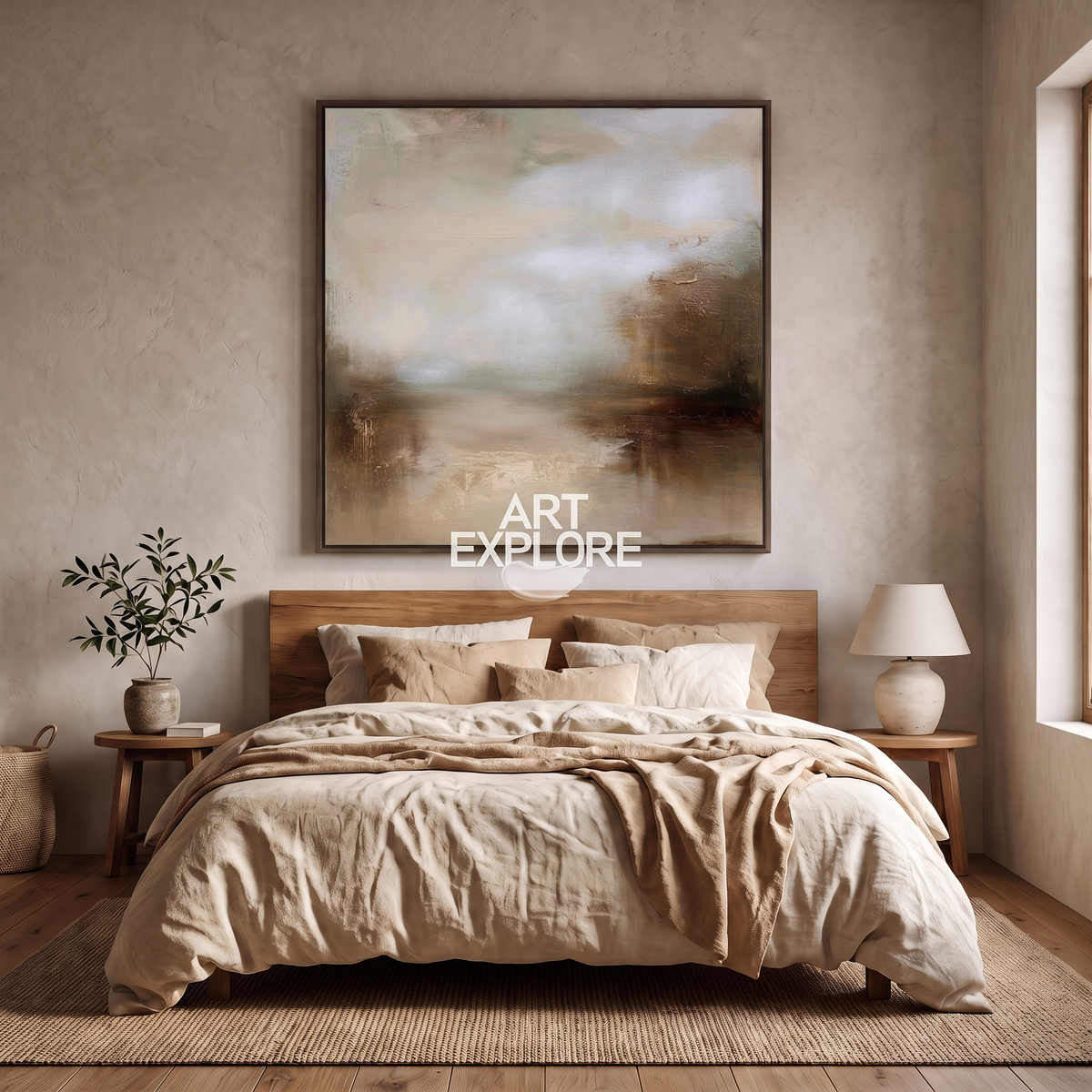 Earthen Lake Textured Landscape Canvas – Hand-Painted Abstract Art – shown in a room for scale