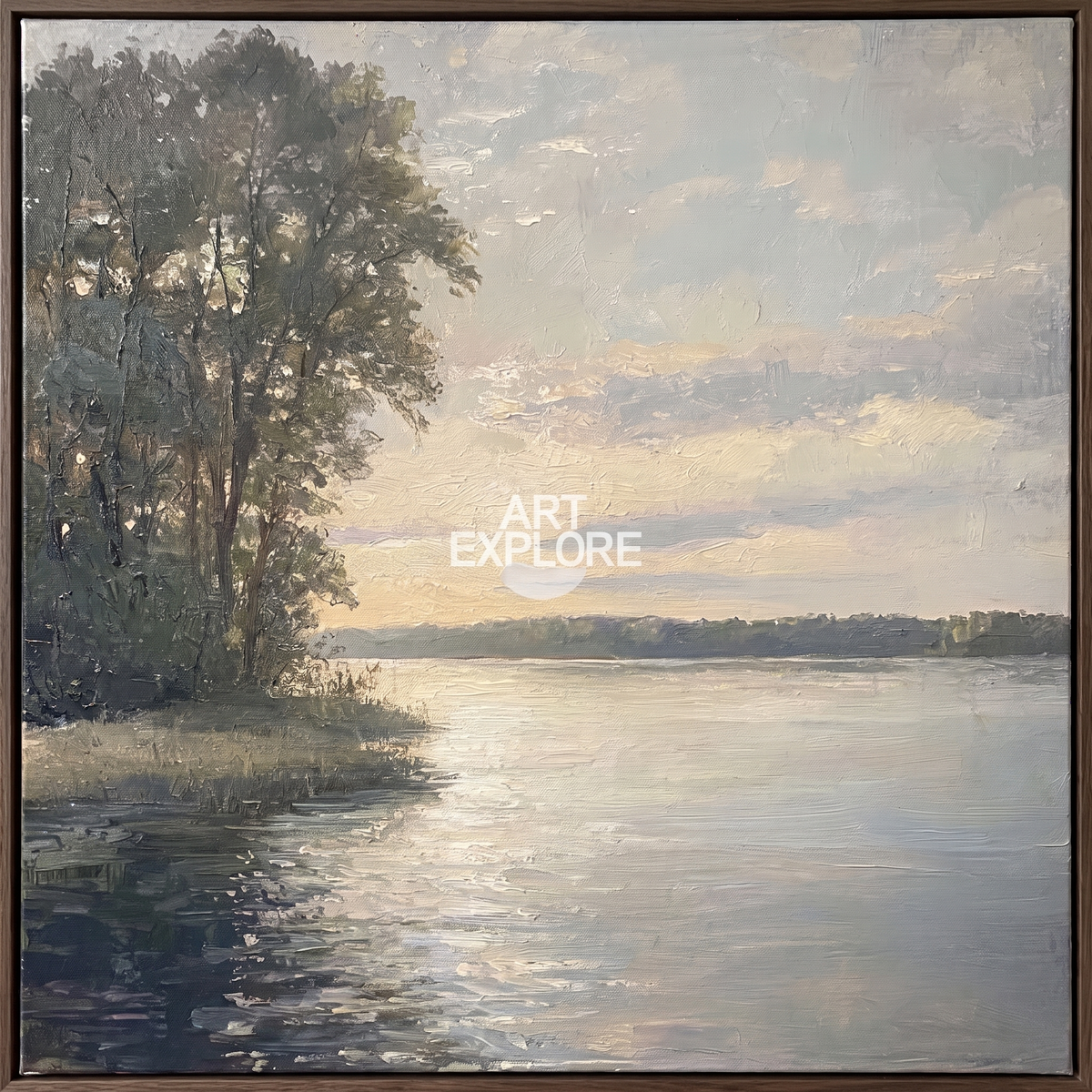 Still Lake Neutral Textured Landscape Canvas – Hand-Painted Wall Art – close-up detail