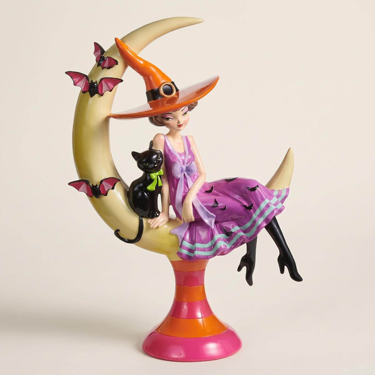 Witch on Crescent Moon with Black Cat Figurine – 38cm – studio view
