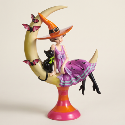Witch on Crescent Moon with Black Cat Figurine – 38cm – studio view