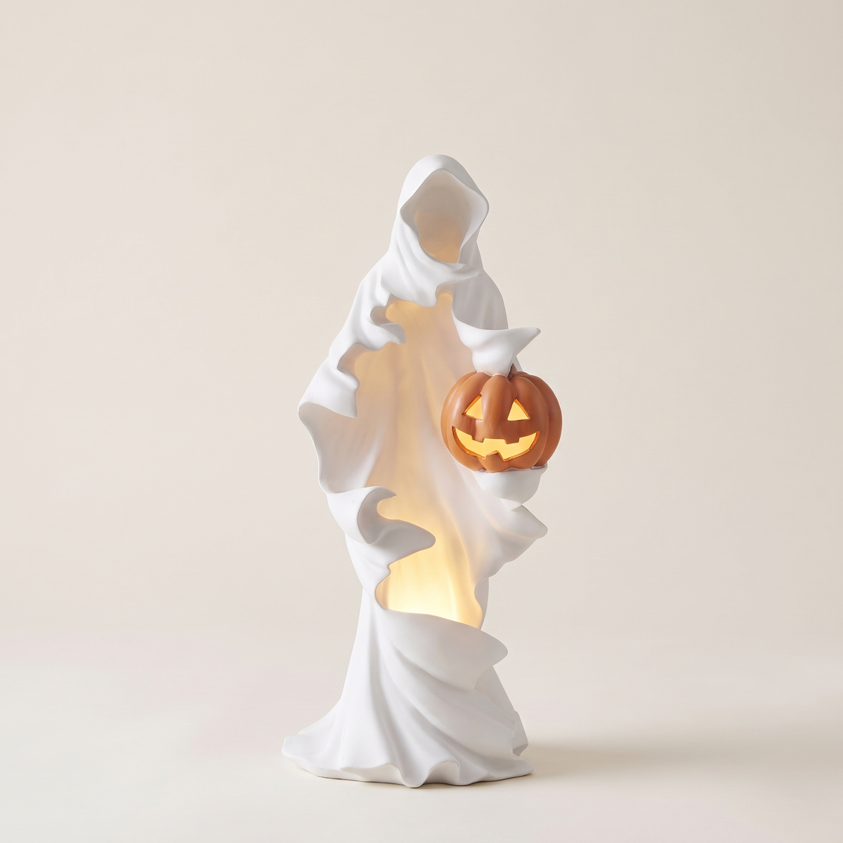 White Draped LED Ghost Holding Jack-o'-Lantern – 51cm with Timer – studio view