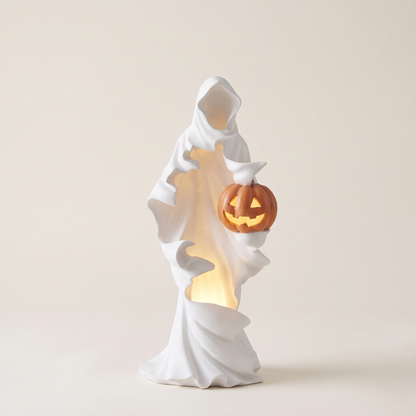 White Draped LED Ghost Holding Jack-o'-Lantern – 51cm with Timer – studio view
