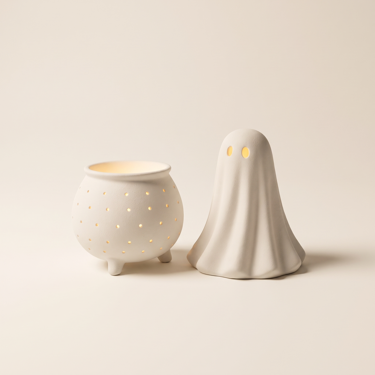 LED Ceramic Cauldron – Matte White Halloween Treat Pot – studio view