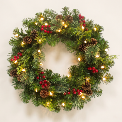 Pre-Lit Evergreen Pinecone & Berry Christmas Wreath – 71cm – studio view