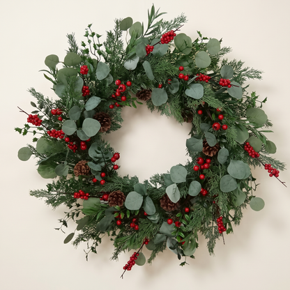 Eucalyptus Evergreen Christmas Wreath with Red Berries – 71cm – studio view