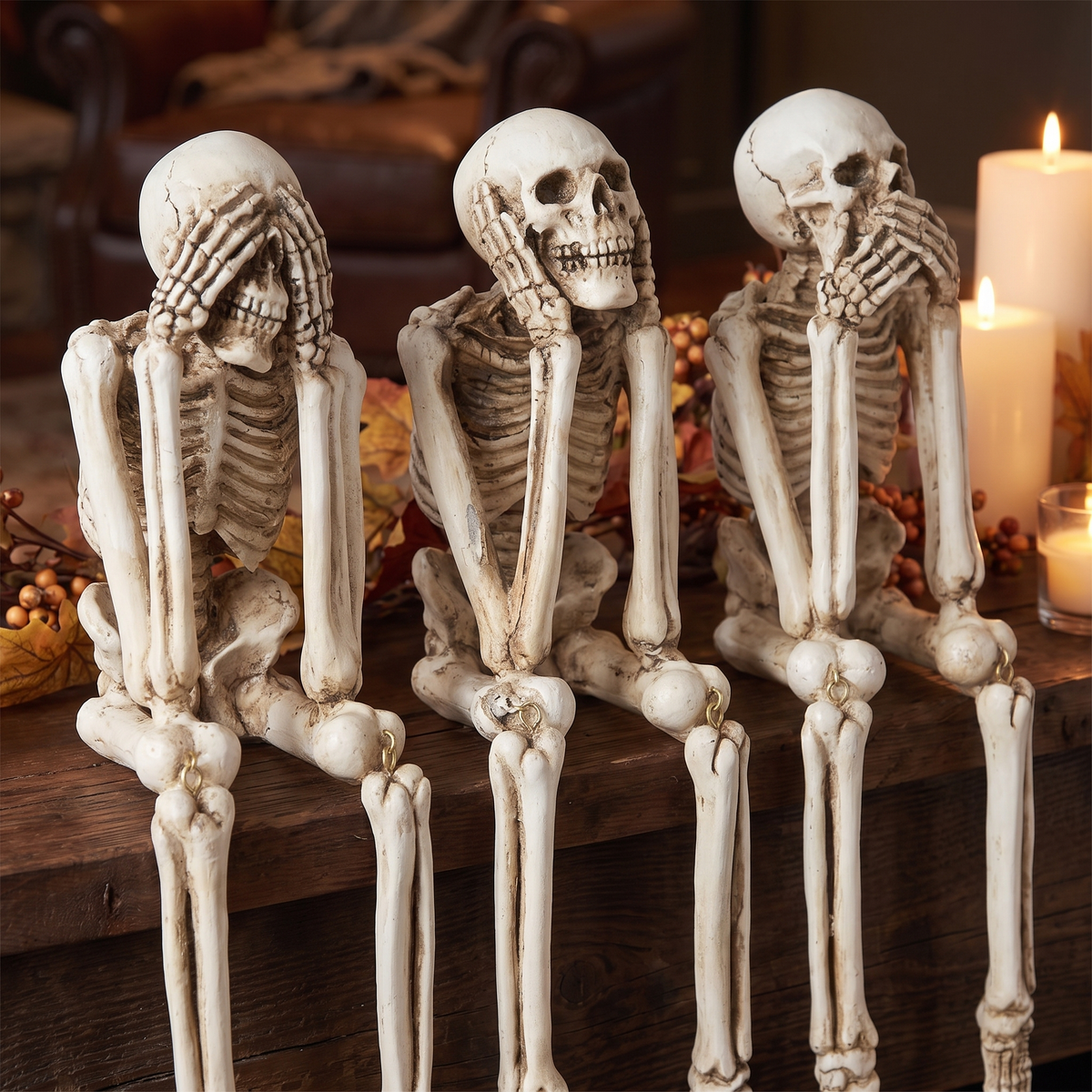 See No Evil, Hear No Evil, Speak No Evil Skeleton Figurines – Set of 3 – close-up detail