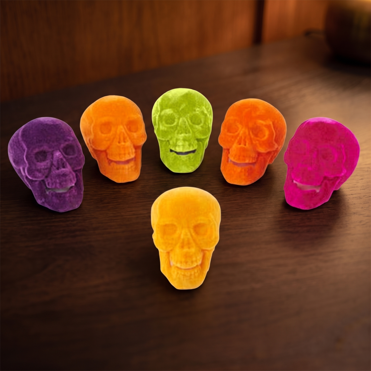Velvet Flocked Skull Ornament – 24cm Neon Halloween Decor – close-up detail