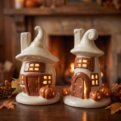 LED Ceramic Witch's House – Cream & Terracotta – close-up detail