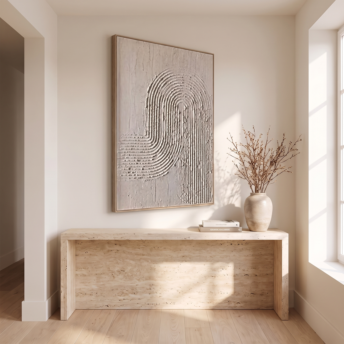 Arc Relief Neutral Minimalist Textured Canvas – Hand-Painted Wall Art – side angle showing texture