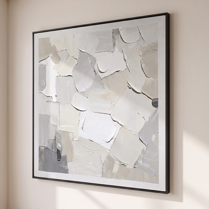 White Patches Plaster Textured Abstract Canvas – Hand-Painted Wall Art – side angle showing texture