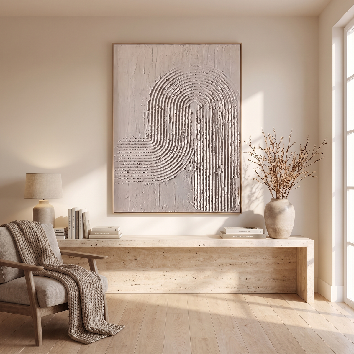 Arc Relief Neutral Minimalist Textured Canvas – Hand-Painted Wall Art – shown in a room for scale