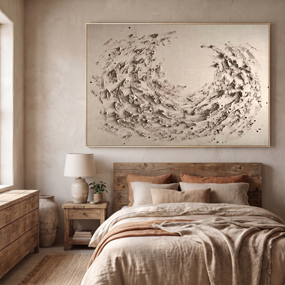 Whirl Neutral Swirl Textured Abstract Canvas – Hand-Painted Wall Art – shown in a room for scale