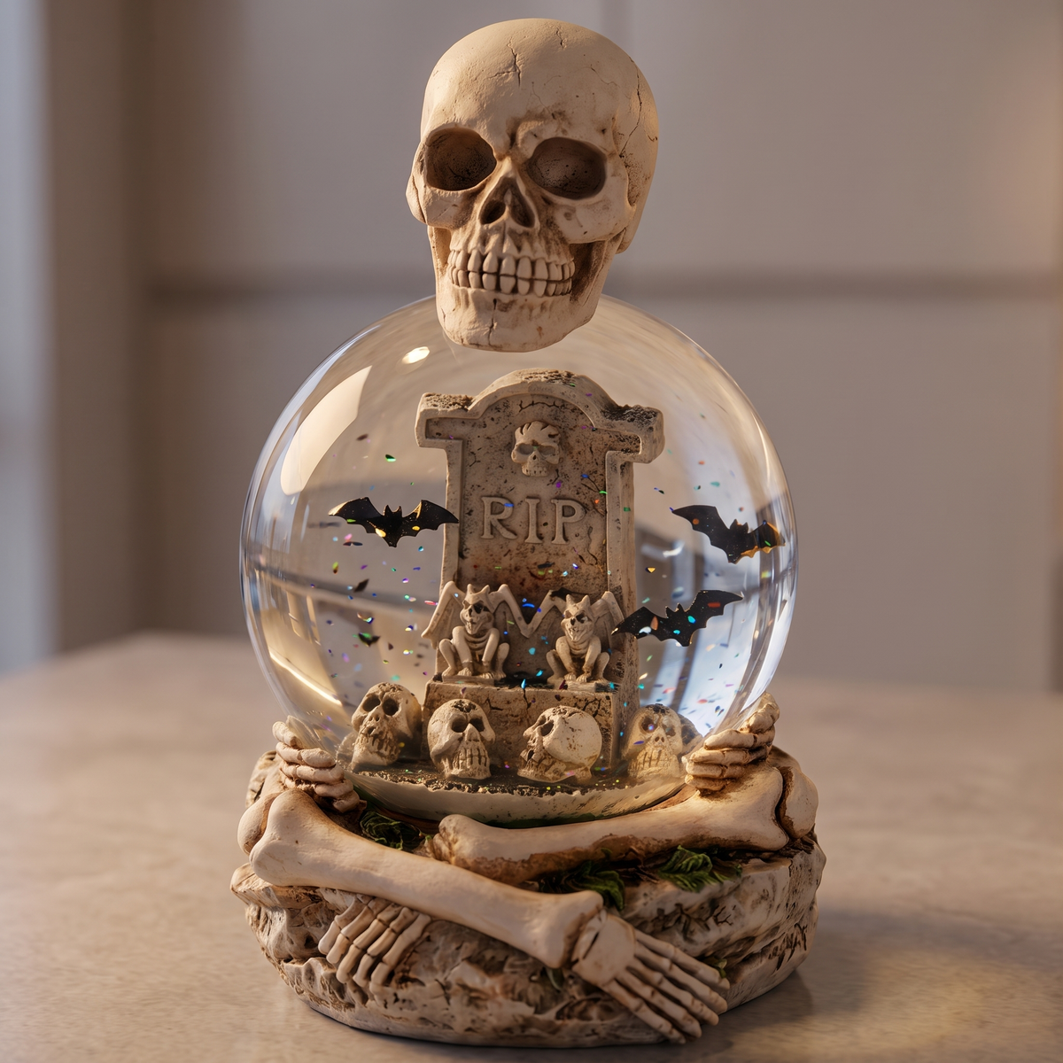 Skeleton & Tombstone Water Globe with Glitter Bats – 16.5cm – close-up detail
