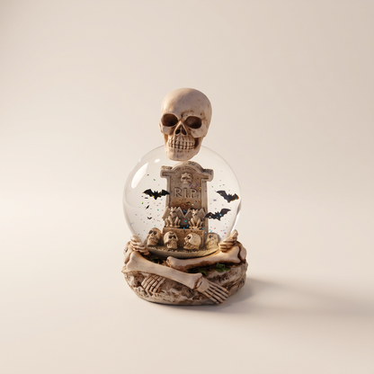Skeleton & Tombstone Water Globe with Glitter Bats – 16.5cm – studio view