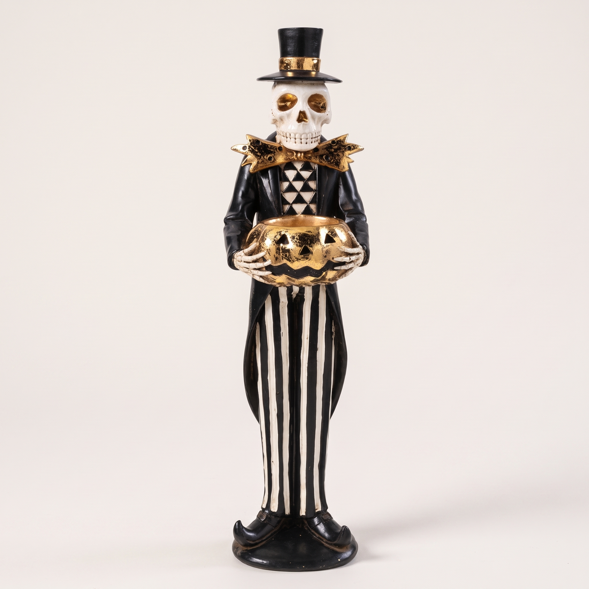 Black & Gold Skeleton with Gilded Jack-o'-Lantern Figurine – 33cm – studio view