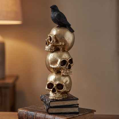 Gold Stacked Skulls & Crow Figurine – 41cm Gothic Resin Sculpture – close-up detail