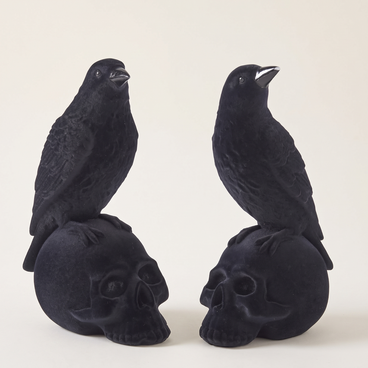 Black Velvet Crows on Skulls Figurines – Set of 2 Gothic Decor – studio view