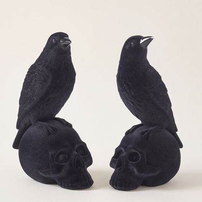 Black Velvet Crows on Skulls Figurines – Set of 2 Gothic Decor – studio view