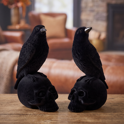 Black Velvet Crows on Skulls Figurines – Set of 2 Gothic Decor – close-up detail