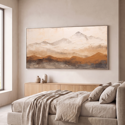 Mountain Ridge Brown & Beige Textured Canvas – Hand-Painted Panoramic Art – shown in a room for scale