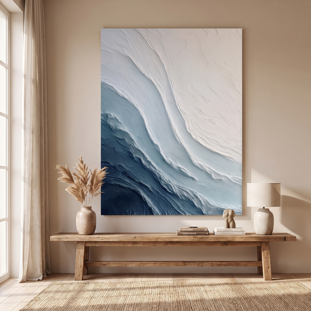 Tidal Blue Wave Textured Minimalist Canvas – Hand-Painted Plaster Art – shown in a room for scale