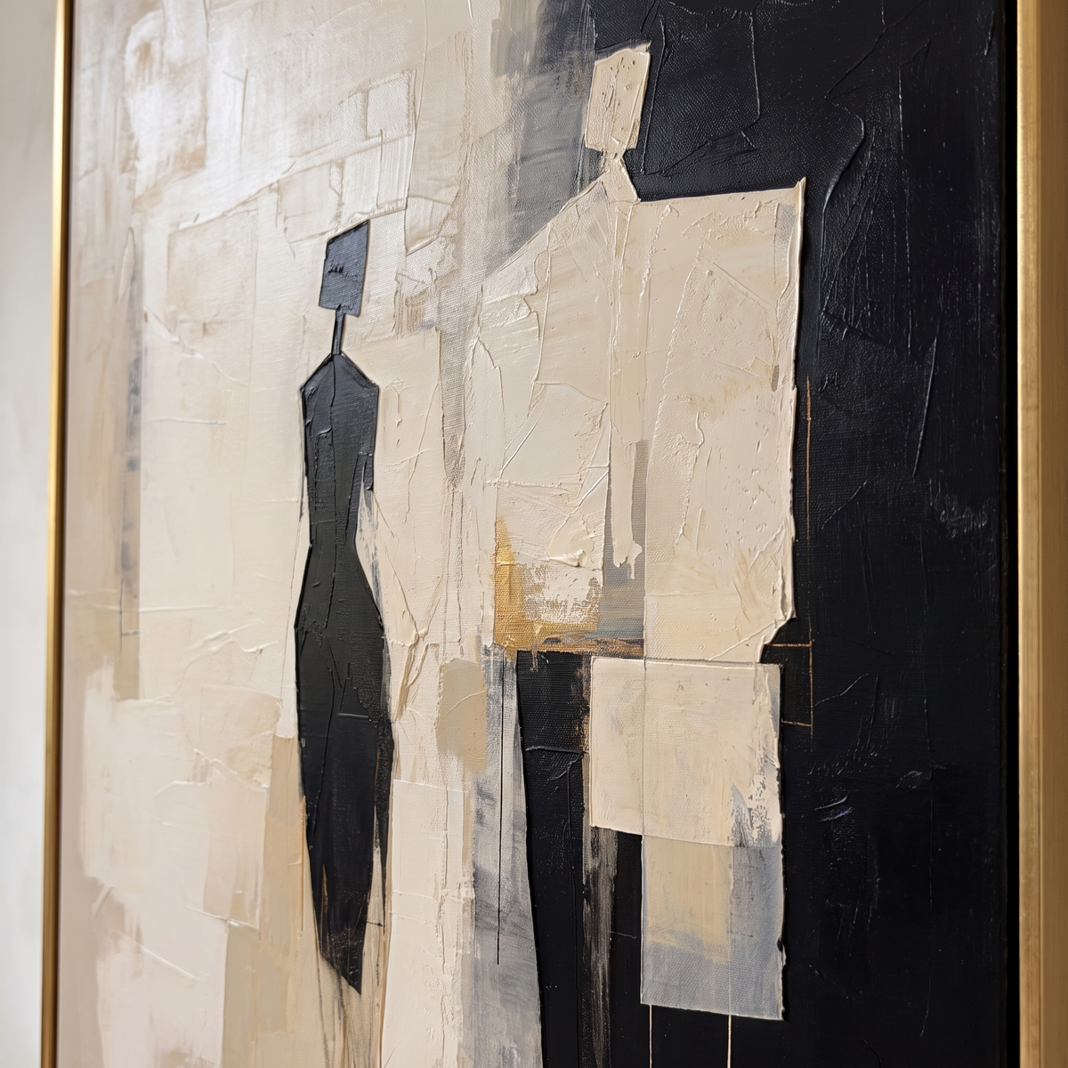 Quiet Figures Beige & Black Minimalist Canvas – Hand-Painted Wall Art – close-up detail