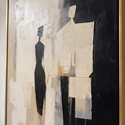 Quiet Figures Beige & Black Minimalist Canvas – Hand-Painted Wall Art – close-up detail