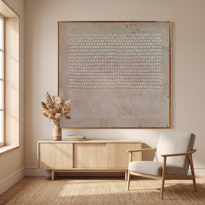 Taupe Stone Textured Wabi-Sabi Canvas – Hand-Painted Japandi Wall Art – shown in a room for scale
