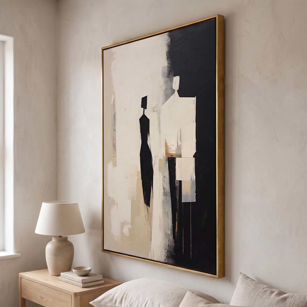Quiet Figures Beige & Black Minimalist Canvas – Hand-Painted Wall Art – side angle showing texture