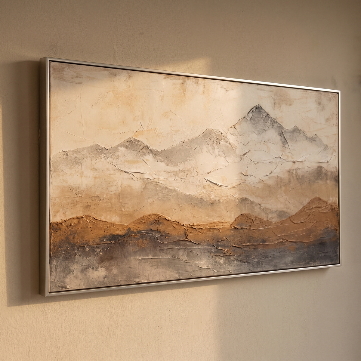 Mountain Ridge Brown & Beige Textured Canvas – Hand-Painted Panoramic Art – side angle showing texture