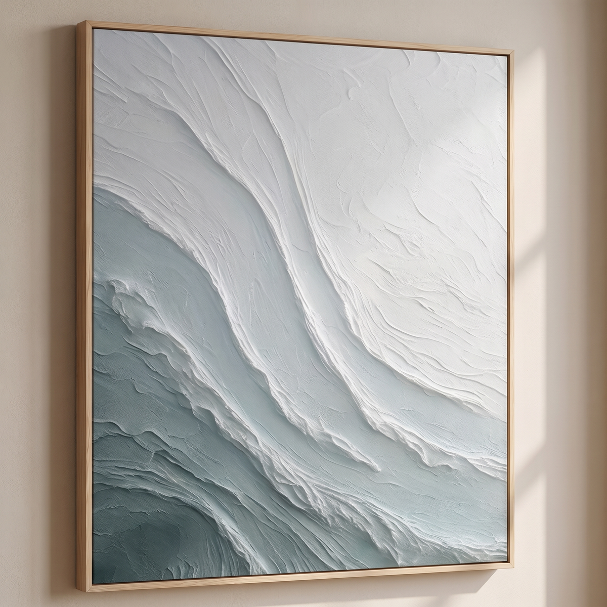 Tidal Blue Wave Textured Minimalist Canvas – Hand-Painted Plaster Art – side angle showing texture