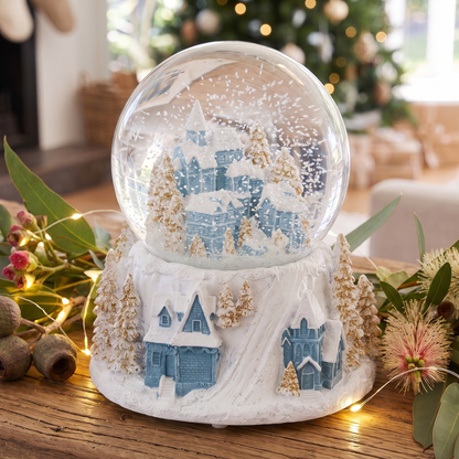 Musical Blue & White Village Snow Globe – 16.5cm – close-up detail