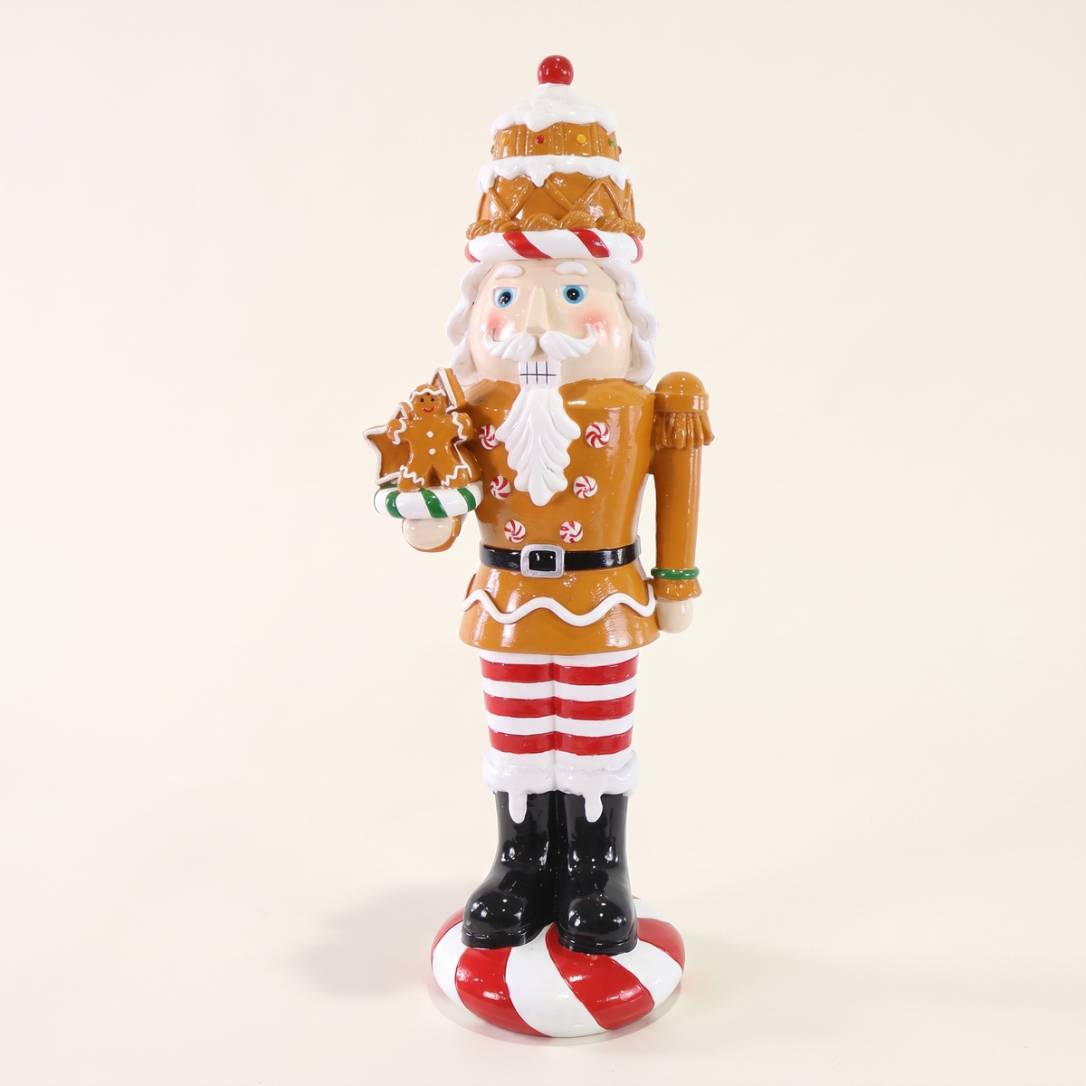 Gingerbread Nutcracker Figurine with Candy Cane Trousers – 35.5cm – studio view