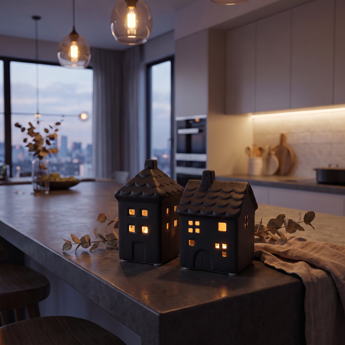 Matte Black LED Ceramic Houses – Set of 2 – close-up detail