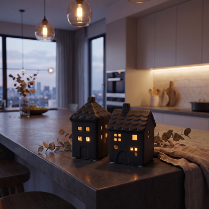 Matte Black LED Ceramic Houses – Set of 2 – close-up detail