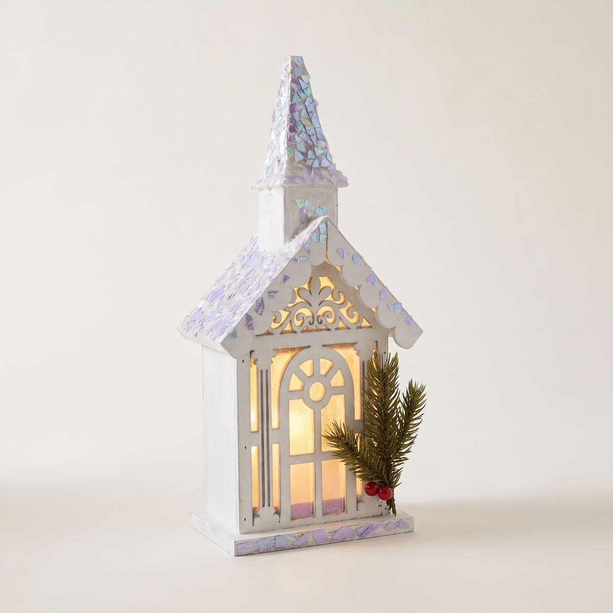 Light-Up White Iridescent Church – 36cm – studio view