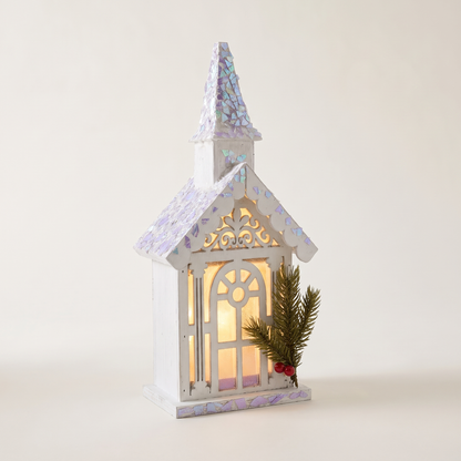 Light-Up White Iridescent Church – 36cm – studio view