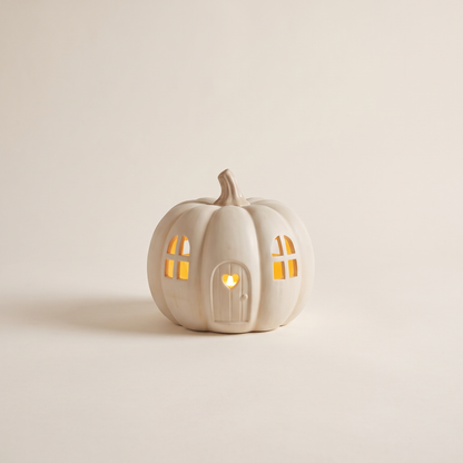 LED Ceramic Pumpkin House with Heart Door – Off-White Halloween Decor – studio view