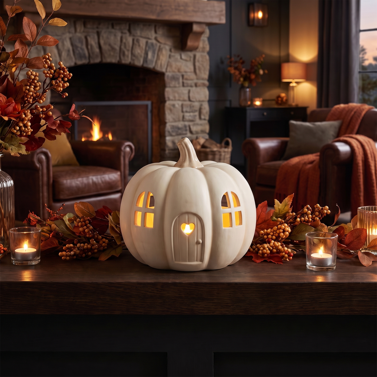 LED Ceramic Pumpkin House with Heart Door – Off-White Halloween Decor – close-up detail