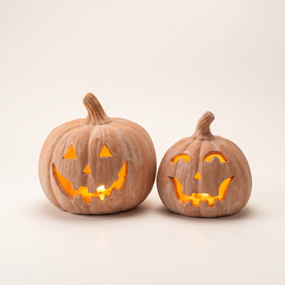 Large Terracotta LED Jack-o'-Lanterns – Set of 2 – studio view