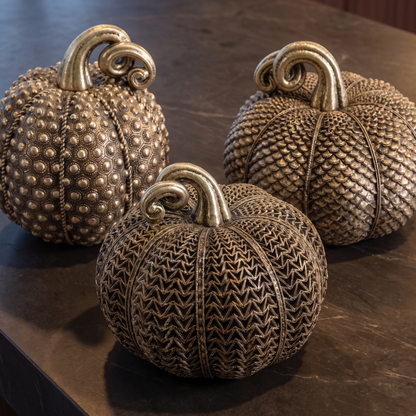 Antique Gold Textured Pumpkin – Resin Autumn & Halloween Decor – close-up detail