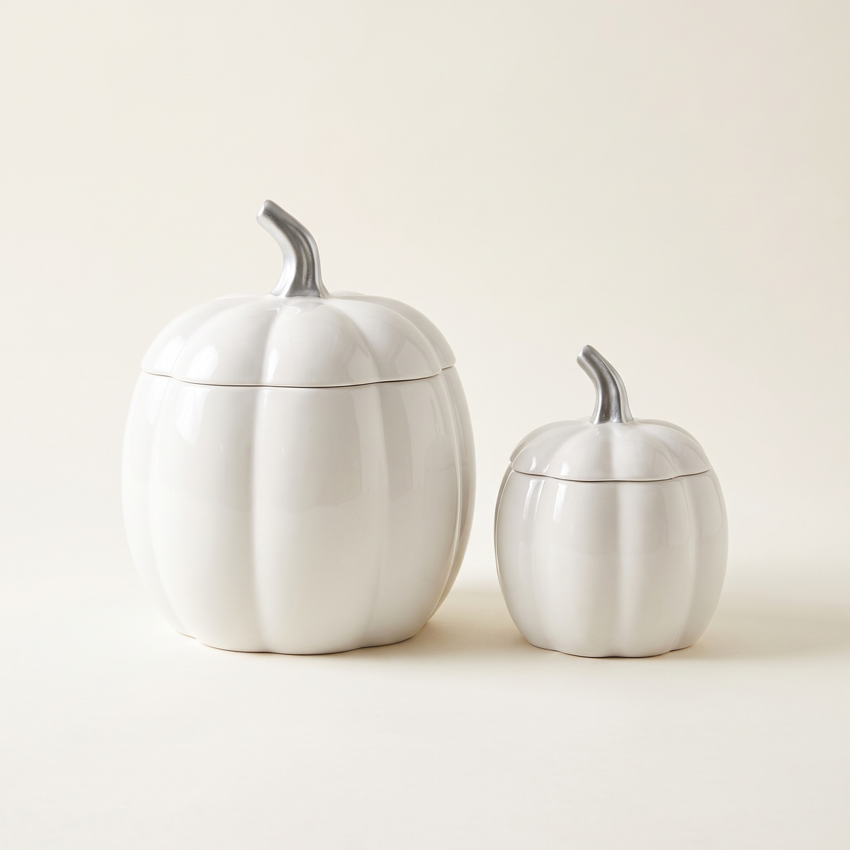 White Ceramic Pumpkin Storage Jars – Bundle – studio view